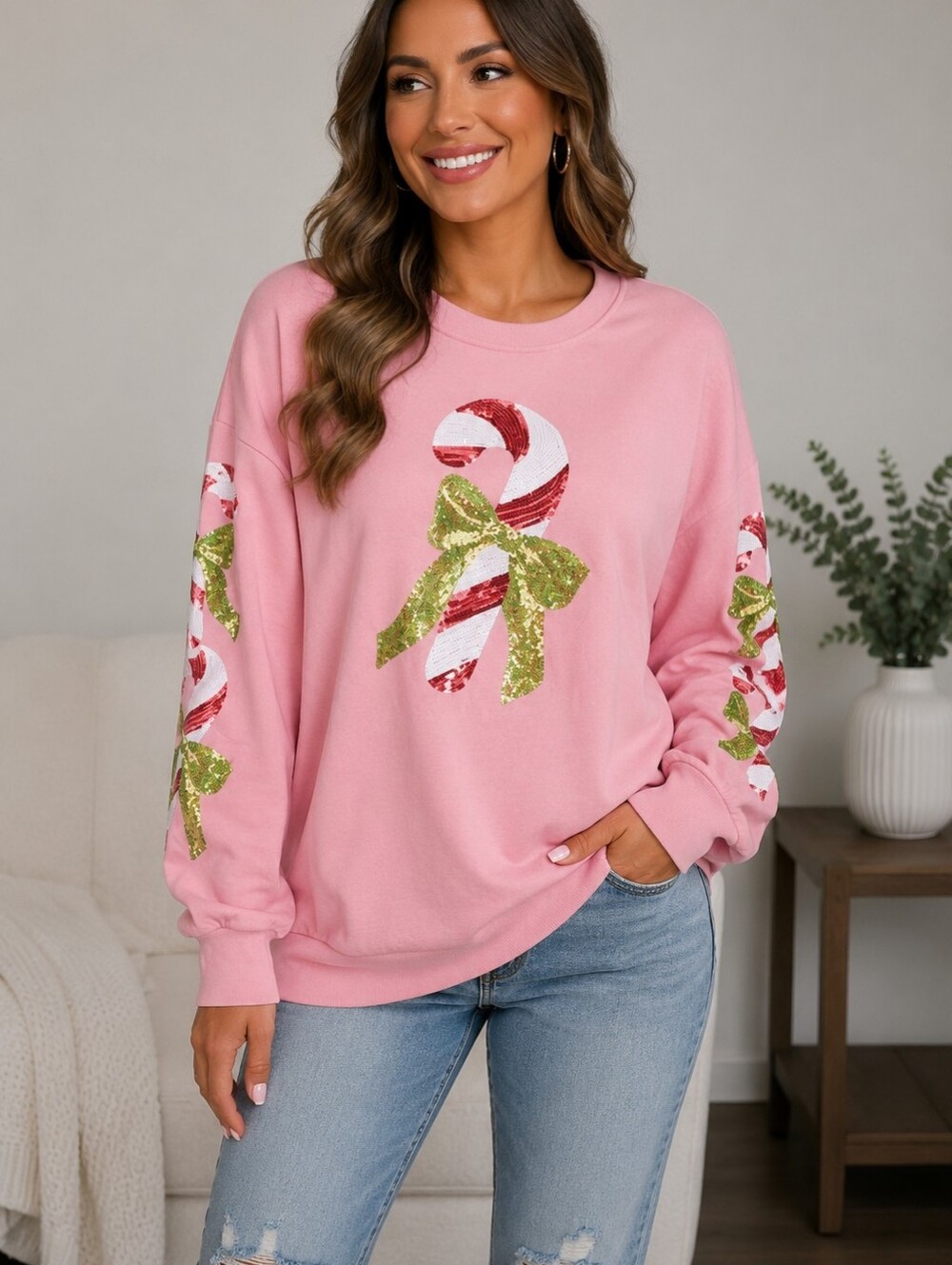 Long Sleeve Sequin Candy Cane Christmas Pullover Sweatshirt XL - NWOT